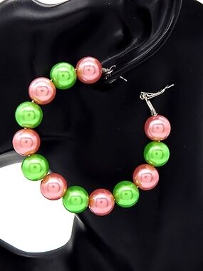 Pink Green Pearl Ball 2.75 Inches Round Hoop Earrings Womens Fashion Jewelry